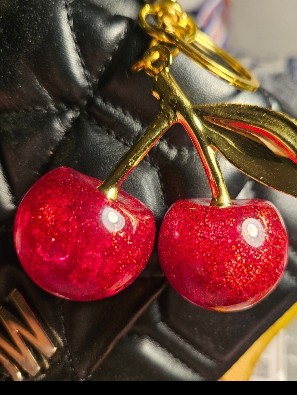 Cherries Purse Charm, Cherries Key Chain, Double Cherry Gold Purse Charm